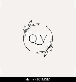 Letter QV wedding monogram logo design with simple natural circle leaf frame vector graphic Stock Vector