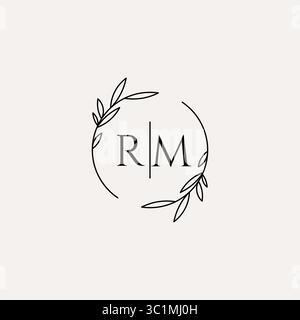 Letter RM wedding monogram logo design with simple natural circle leaf frame vector graphic Stock Vector