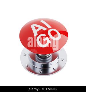 Artificial Intelligence Activation Concept. Red Push Start Button With AI Go Text On Metallic Base Isolated On White Background. 3d Rendering Stock Photo