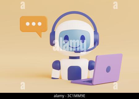 Customer Support And Artificial Intelligence. Cute Chatbot With Headset Working On Laptop With Speech Bubble On Yellow Background. 3d Rendering Stock Photo