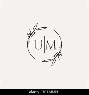 Letter UM wedding monogram logo design with simple natural circle leaf frame vector graphic Stock Vector