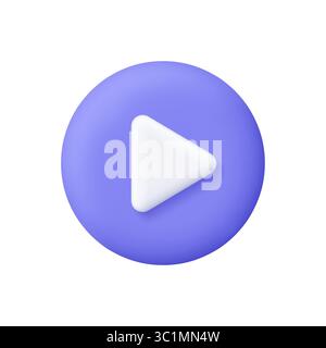 White play button on purple circle button. Multimedia, video content, streaming platforms, user interfaces and entertainment concept. 3d vector icon. Stock Vector