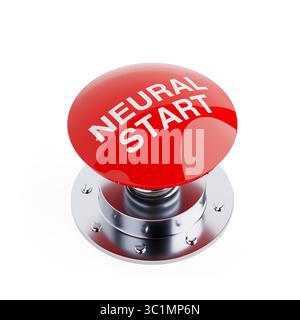 Artificial Intelligence Activation Concept. Red Push Start Button With Neural Start Text On Metallic Base Isolated On White Background. 3d Rendering Stock Photo