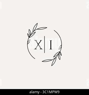 Letter XI wedding monogram logo design with simple natural circle leaf frame vector graphic Stock Vector