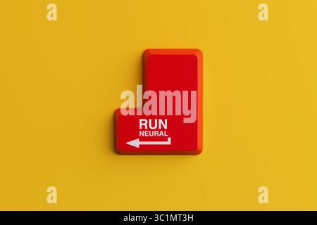Artificial Intelligence Execution Concept. Red Enter Keyboard Key With Run Neural Command On Vibrant Yellow Background. 3d Rendering Stock Photo