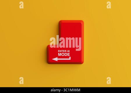 Artificial Intelligence Activation Concept. Red Keyboard Key With Enter AI Mode Text On Yellow Background. 3d Rendering Stock Photo