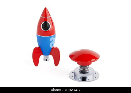 Startup Concept With Launch Button. Colorful Toy Rocket And Red Metallic Start Button On White Background. 3d Rendering Stock Photo
