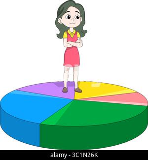 Vector illustration of a cartoon girl confidently standing on a colorful 3D pie chart Stock Vector