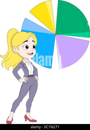Vector illustration of a confident cartoon businesswoman analyzing a colorful segmented pie chart. Stock Vector