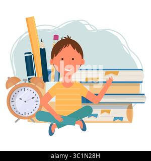 Composition with sitting boy, kid, books, pen, pencil, ruler, alarm isolated on white background stock vector illustration. Positive bright in flat style. E-learning, online education concept. Stock Vector