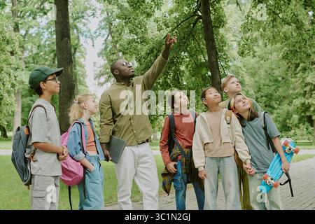 American Male Teacher Guiding Diverse Children during Outdoor Learning Stock Photo