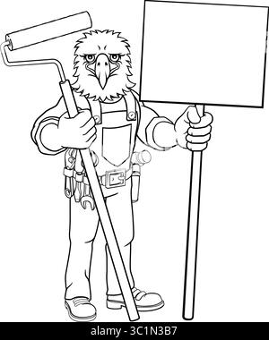 Eagle Painter Decorator Paint Roller Mascot Man Stock Vector