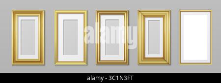 Gold photo frames collection on gray wall - elegant golden rectangular borders for artwork display. Classic gallery presentation in various sizes with luxurious metallic finish for interior decoration Stock Vector