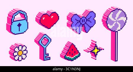 Isometric pixel art icons in 3d style - pink lock and red heart, purple bow and lollipop candy, daisy flower and key, watermelon slice and star twinkle for retro gaming interface design elements. Stock Vector