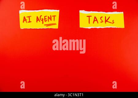 AI agent tasks written on torn paper against a vibrant red background for creative and marketing use in technology and business presentations Stock Photo