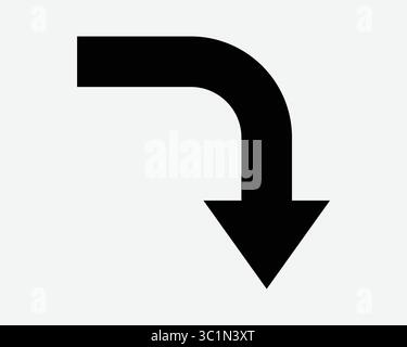 Right Turn Arrow Down Turning Downwards Direction Navigation Position Path Pathway Road Arrowhead Icon Sign Symbol Black White Illustration Graphic Stock Vector