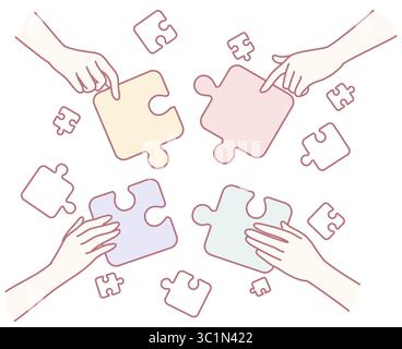 An illustration of hands assembling colorful puzzle pieces, symbolizing teamwork and unity in collaboration Stock Vector