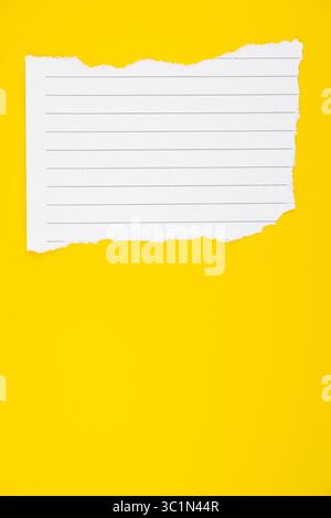 Torn white lined paper sheet on bright yellow background for creative writing or office use, torn uneven edges Stock Photo