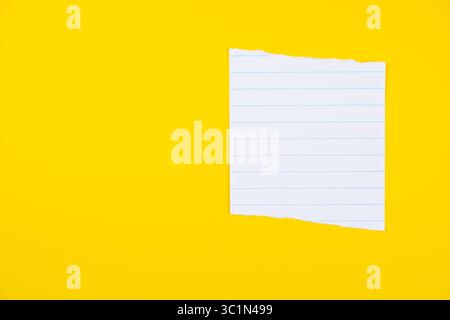 Torn lined notebook paper on vibrant yellow background for notes and creative projects Stock Photo