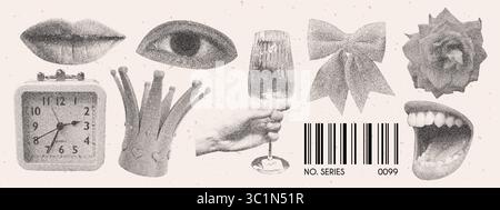 Grunge photocopy halftone collage. Clock, crown, eye, lip, champagne, bow, mouth and rose. Dotted pop art style. Stock Vector