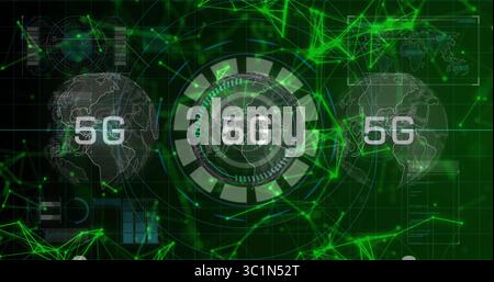 Animating central HUD interface showcasing 5G connectivity in virtual network, with glowing nodes Stock Photo