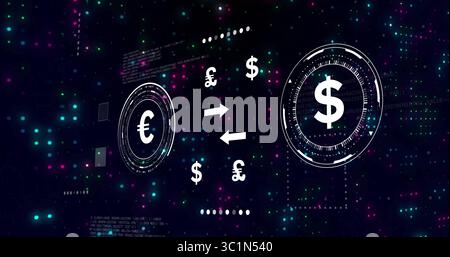 Displaying currency exchange in digital interface, with euro and dollar HUDs and two-way arrows Stock Photo