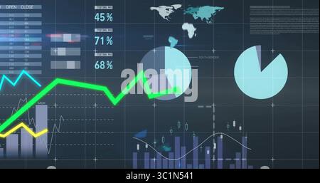 Displaying neon green line graph crossing dashboard on screen, with yellow overlay, purple bars Stock Photo