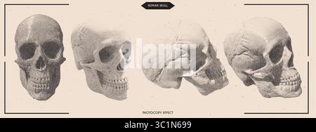 Skull with halftone stipple effect and abstract grain. Vintage gothic skeleton head in trendy y2k pop art style Stock Vector