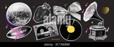 Halftone pop art collage set. Disco ball, strawberry, lip, cassette, bow and gramophone. Vibrant retro elements with dotted texture Stock Vector