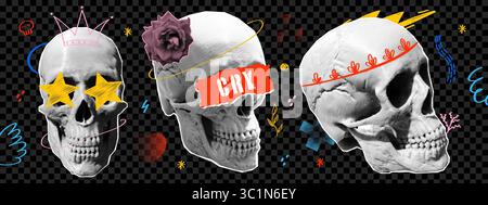 Grunge halftone skull set with doodle elements. Pop art skeleton heads in y2k style. Punk collage. Stock Vector