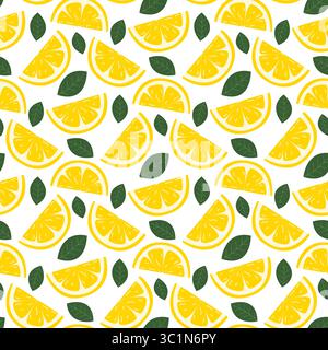 Juicy lemon slices and mint leaves seamless pattern. Background with citrus and greenery create lemonade. Lemon refreshing summer print for textile Stock Vector