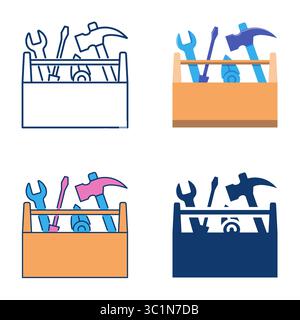 Toolbox with repair tools flat and line icon set. Carpenter tools, woodwork equipment toolkit. Vector illustration Stock Vector