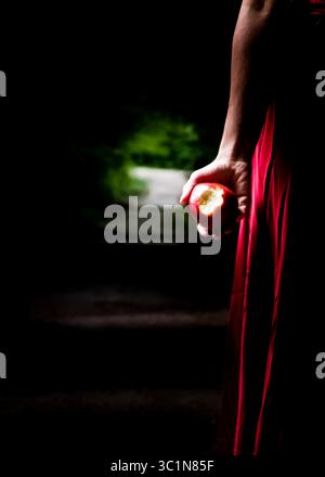 A person, dressed in red, holds a bitten apple in their hand, with a dark path in the background. Stock Photo