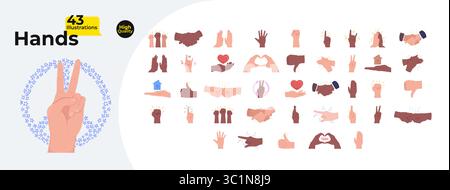 Diverse hand gestures and emotions cartoon flat illustrations mega bundle Stock Vector