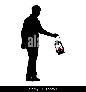 Silhouette of Man Holding Vintage Lantern with Glowing Light Stock Vector