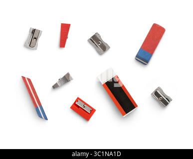 A top down view of a collection of traditional office, business and back to school stationery, equipment for work, education isolated white background Stock Photo