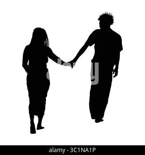 Silhouette of Couple Holding Hands Walking Together Stock Vector