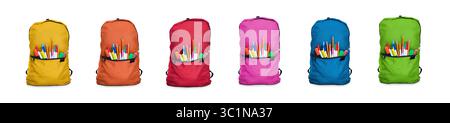 A collection of children's school backpacks, bags, stuffed with pens and pencils for going back to school to study and learn in many different colours. Stock Photo