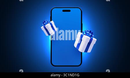 Smartphone with present boxes on light glow background. Vector illustration Stock Vector