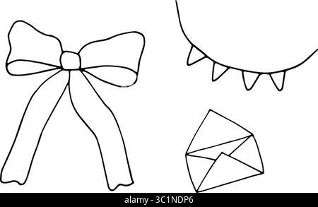 Bow, garland hanging on a thread and open envelope. Vector illustration of simple elements. Black outline graphics in doodle style. Hand drawn line Stock Vector