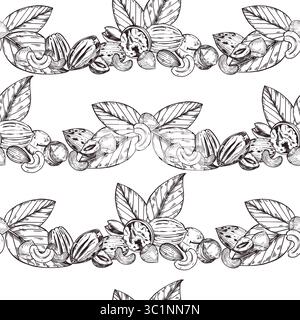 Seamless Vector Pattern, Macadamia Nuts, Walnut, Pecan, Cashew, Hazelnut, Tree Leaves. All objects are hand-drawn with ink. For printing on packaging Stock Vector