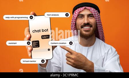 Man showcasing chatbot technology with AI capabilities for various applications Stock Photo