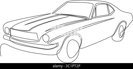 Single line classic muscle car line art vintage outline drawing, automobile minimalist black linear sketch isolated on white background vector Illustr Stock Vector