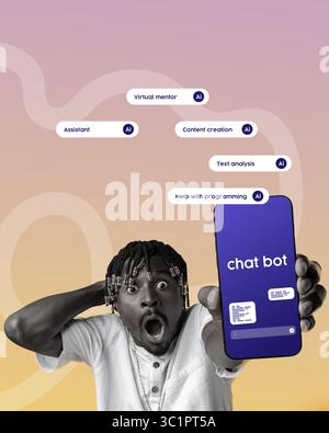 Excited student engaging with AI chatbot for assistance in programming and content creation Stock Photo