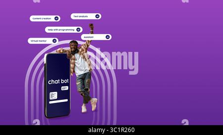 Enthusiastic individual showcasing chatbot capabilities in a vibrant digital environment focusing on innovative technology and support Stock Photo
