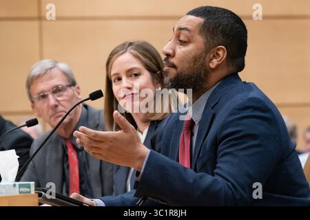 March 11, 2019 - St. Paul, Iowa, USA - Bill author Melisa Franzen, D-Edina, and Republican co-sponsor Scott Jensen, R-Chaska, left, listened as Marcus Harcus spoke in support of the bill. Harkus is executive director of the campaign for full legalization.             ] GLEN STUBBE â€¢ glen.stubbe@startribune.com   Monday, March 11, 2019     ..By a series of party line votes, the Republican controlled Senate Judiciary and Public Safety Committee voted to effectively kill the bill that would have opened the door for legalization of marijuana for recreational use. (Credit Image: © Glen Stubbe/Min Stock Photo