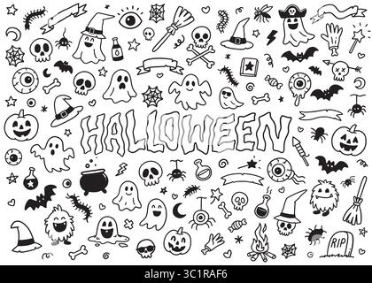 Halloween doodle icons compilation set.  Vector doodle illustration set for web, t-shirt design, other graphic design use Stock Vector