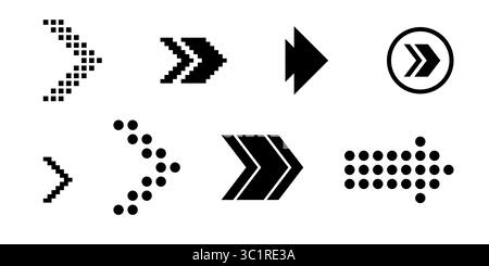 Directional arrows for swipe and scroll icon set in vector format with line and pixel arrows pointing next up down left right for hand gestures and Stock Vector