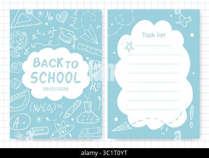 A set of planners with school illustrations in doodle style and space for text. Back to school. A template for notes, schedules, to-do lists, and a cover for a diary or notebook. Office supplies. Stock Vector