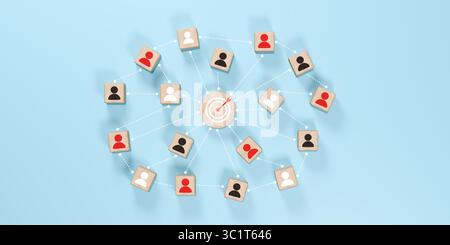 Client segmentation visualized with diverse user icons connected to a central target, symbolizing personalized marketing, demographic focus, and strat Stock Photo